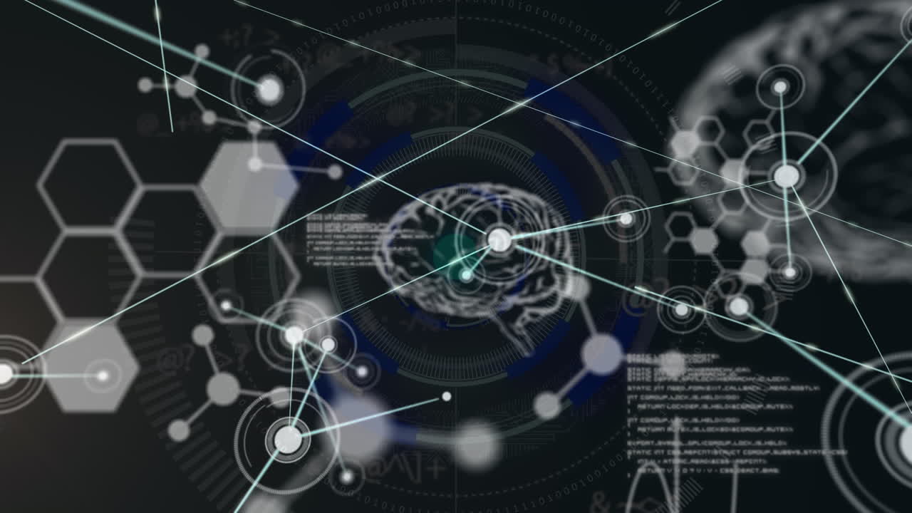 검은색 배경에 화학 공식과 뇌 연결의 애니메이션