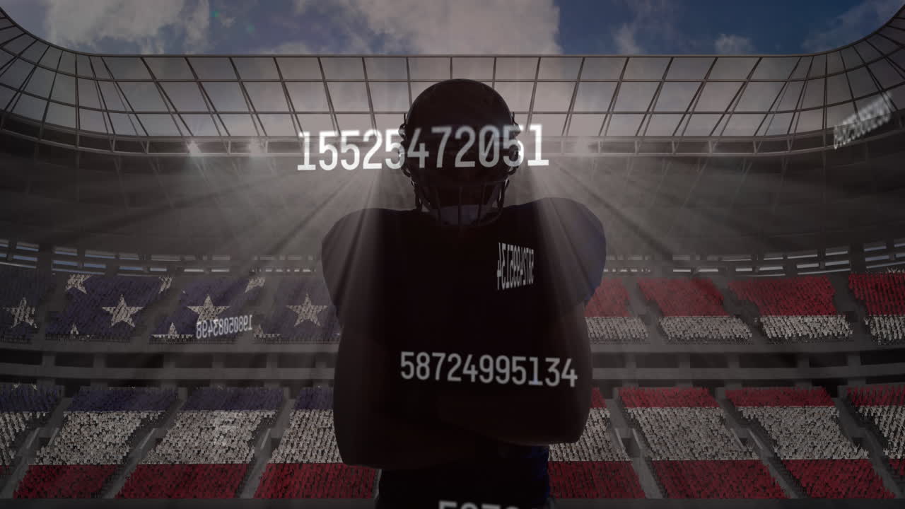 배경 에 있는 스포츠 경기장 에 대한 남성 럭비 선수 의 실루 을 가로질러 여러 번 변하는 숫자