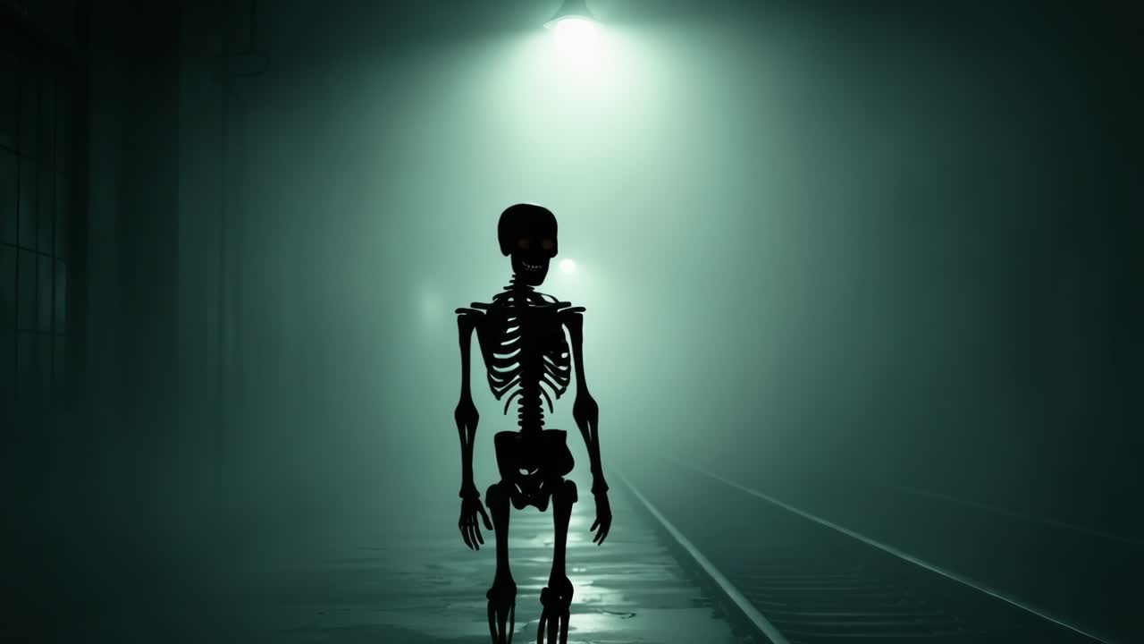 Skeleton figure walking through foggy railway station illuminated by eerie overhead lights