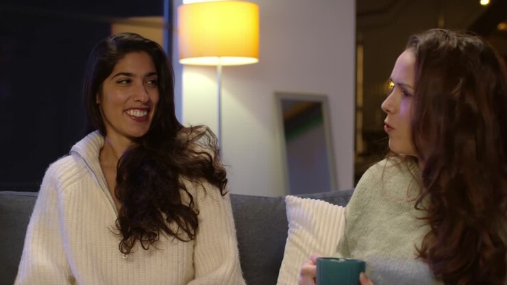 Two Female Friends Sitting On Sofa At Home Or In Bar Or Cafe Talking And Drinking Coffee Together 1