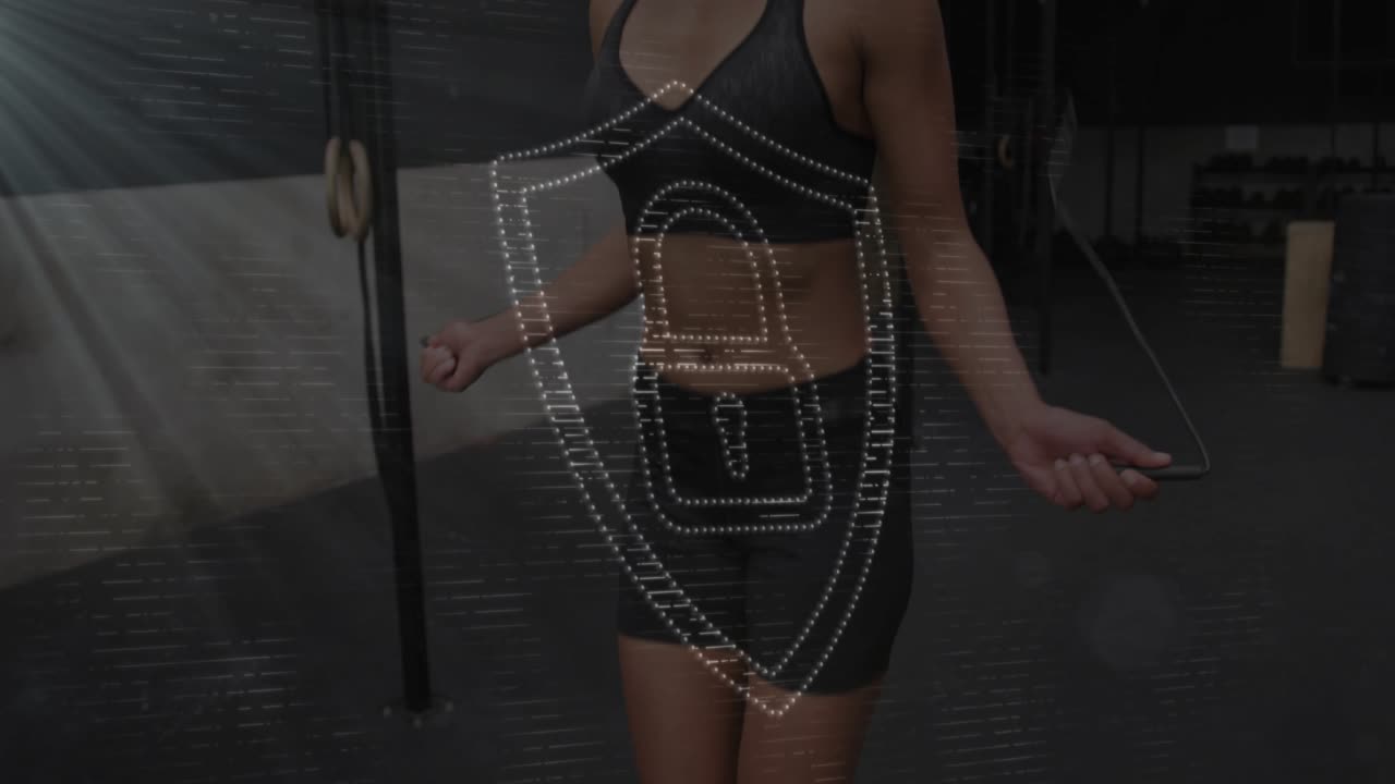 Woman skipping rope, camera widening causing shield lock centering torso, showing fitness security
