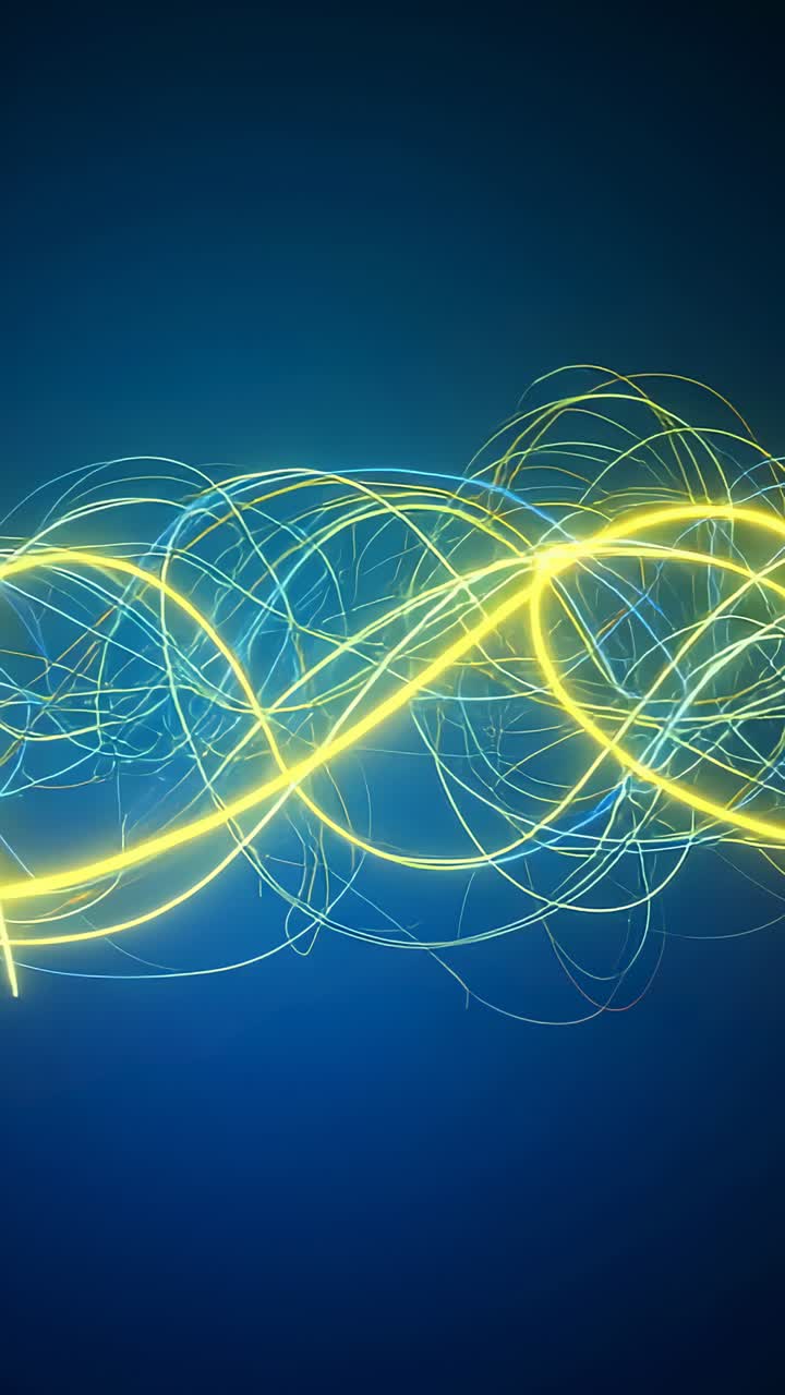 Vertical video: Emerging cyan strand causing yellow ribbon sweeping across deep blue gradient