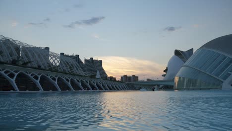 Atmosphere-after-sunset-at-The-City-of-Arts-and-Sciences,-The-Hemisferic-cinema-in-Valencia,-Spain