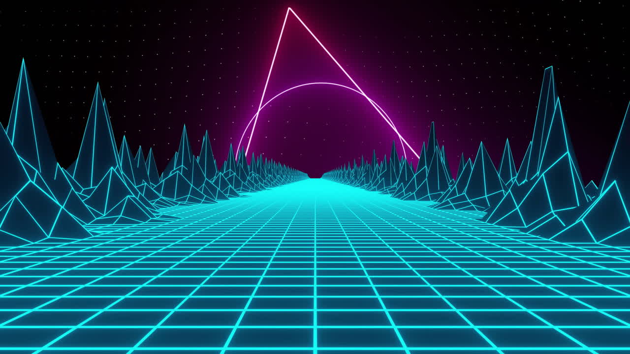 Neon grid landscape featuring glowing sun and mountains in animated background