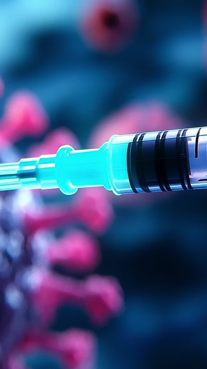 Syringe near COVID particles. A detailed representation of a syringe ready to administer a vaccine, aimed at fighting coronavirus particles.