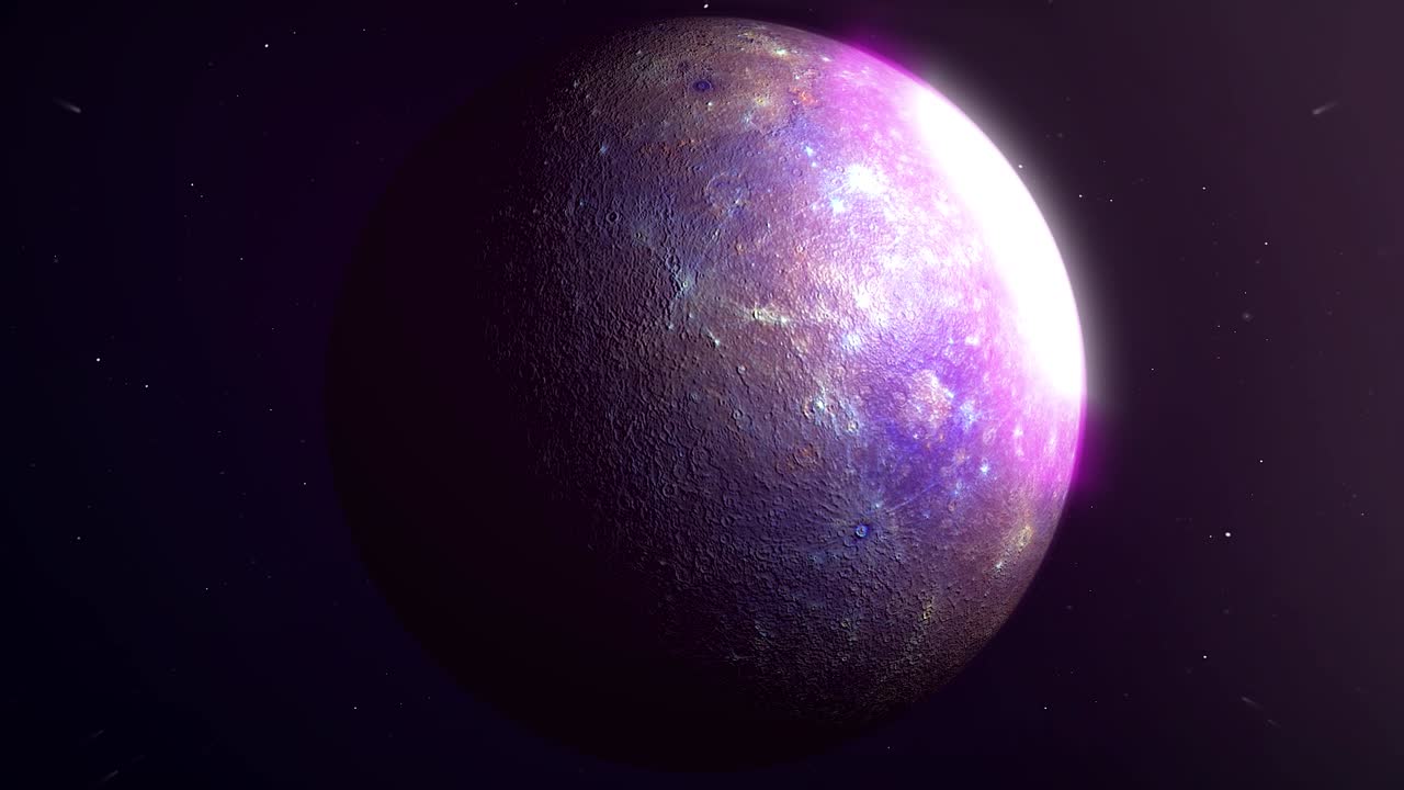 Beautiful, hyper-realistic 3D animation of Mercury in retrograde. The planet Mercury is spinning as the camera slowly tracks backwards. We see stars, Mercury planet, pink, atmosphere, space.