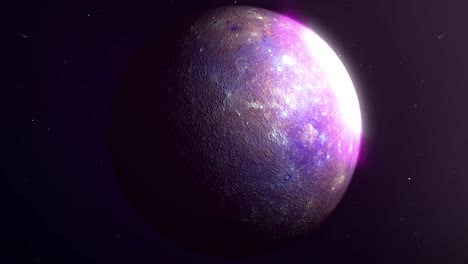 beautiful, hyper-realistic 3d animation of mercury in retrograde. the planet mercury is spinning as the camera slowly tracks backwards. we see stars, mercury planet, pink, atmosphere, space.
