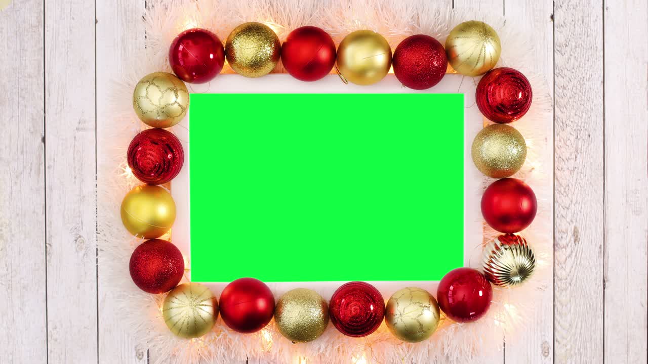 Christmas decorated gold red frame with green screen. Stop motion