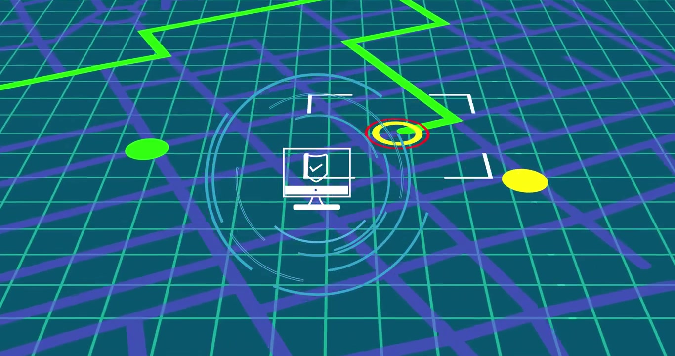 Composition of network of connected white envelope icons over rotating icons over grid on black