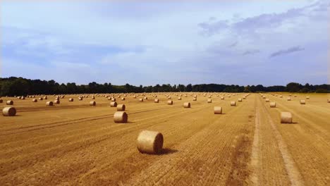 Drone-flight-over-straw-bales-in-a-field-on-a-beautiful-day-in-summer