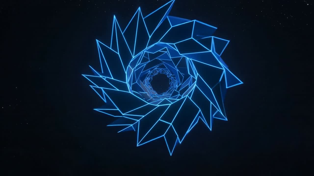 Moving camera toward rotating spiral on low-poly plain, entering central dark void with neon edges