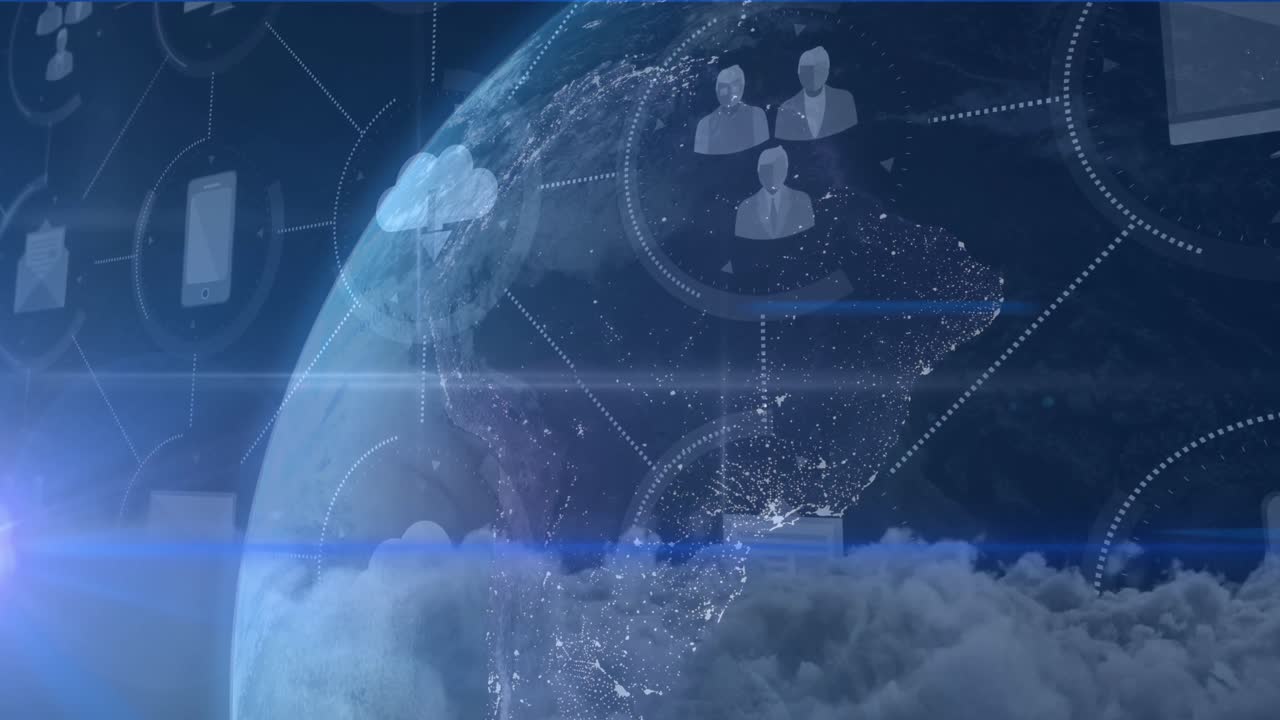 파란색 배경을 배경으로 전 세계에 걸쳐 빛의 흔적과 디지털 아이콘의 네트워크의 애니메이션