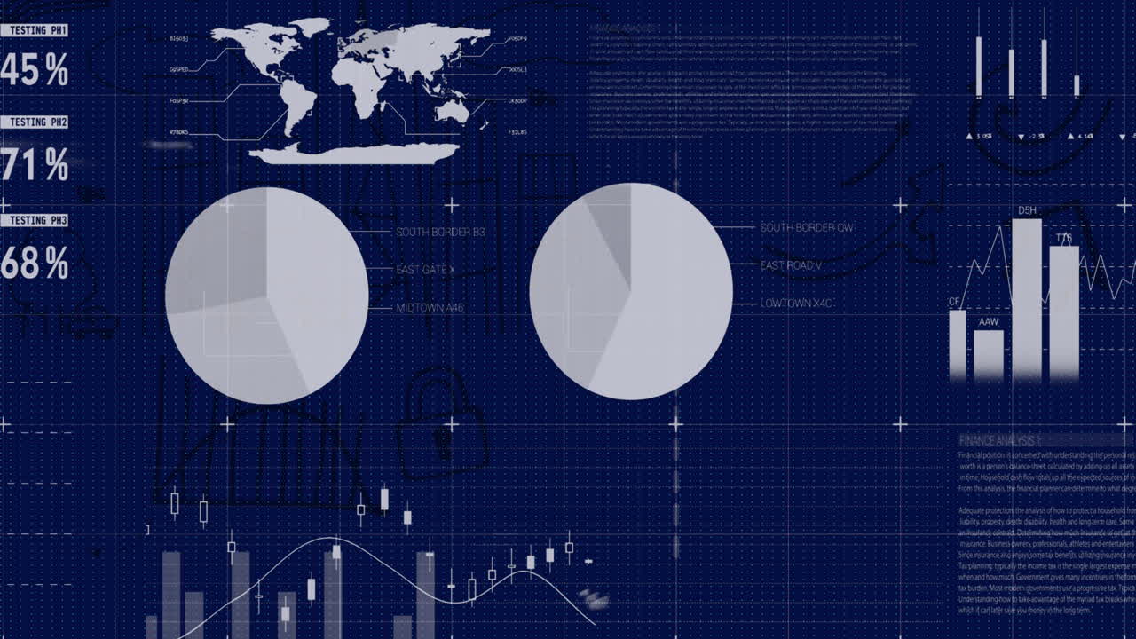 Animation of financial data processing on blue background