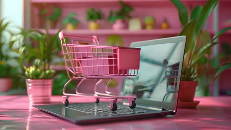 pink shopping cart on laptop - online retail concept