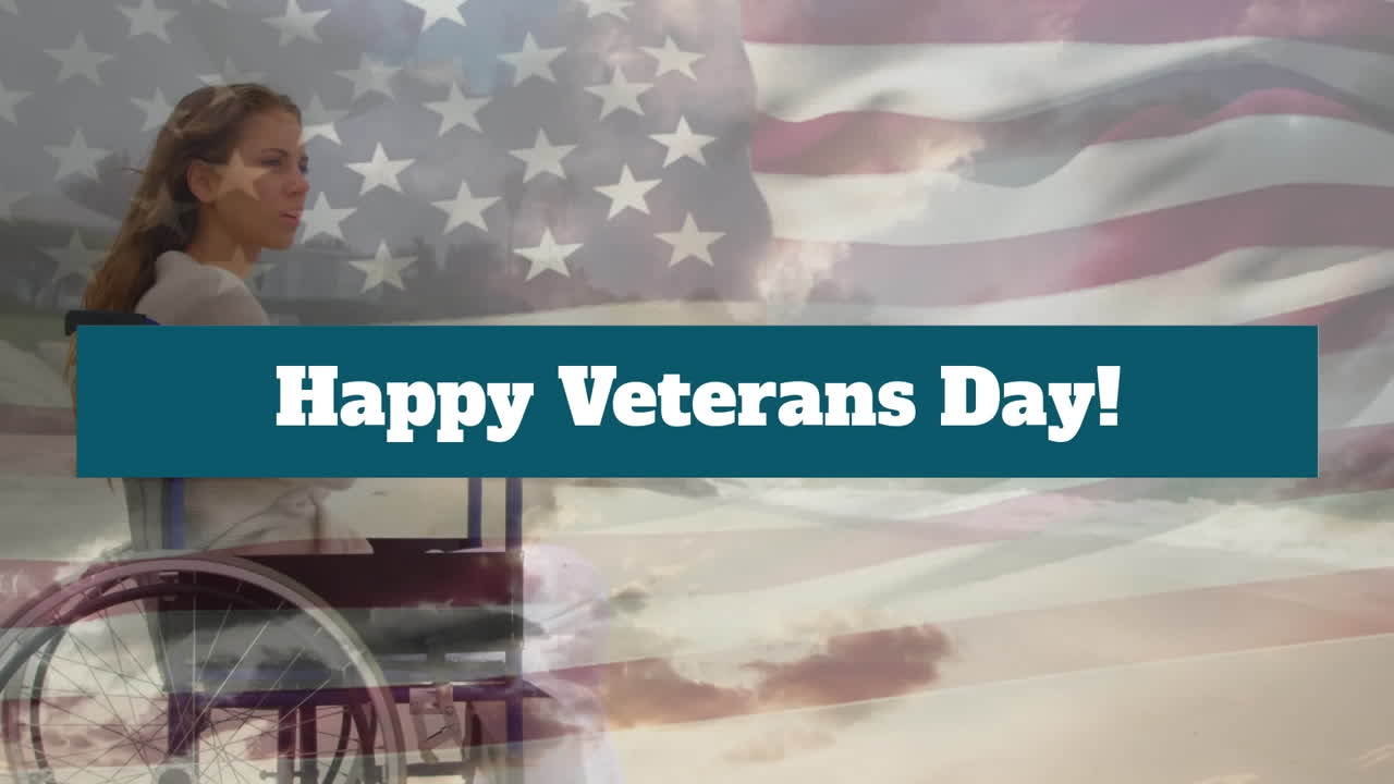 Animazione del testo "Veterans Day" su una bandiera degli Stati Uniti e una donna caucasica in sedia a rotelle.