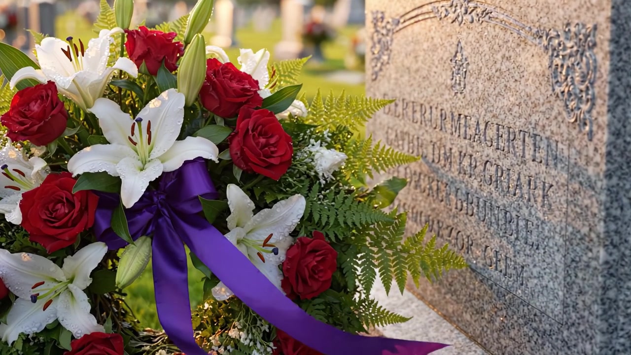 Un toccante tributo: una bellissima corona floreale di rose rosse e gigli bianchi in onore dei propri cari in un cimitero, circondata da tombe pacifiche sullo sfondo.