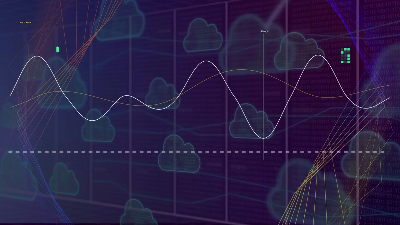 Data update arriving, white waveform rising and falling, visualizing metrics with markers aligning