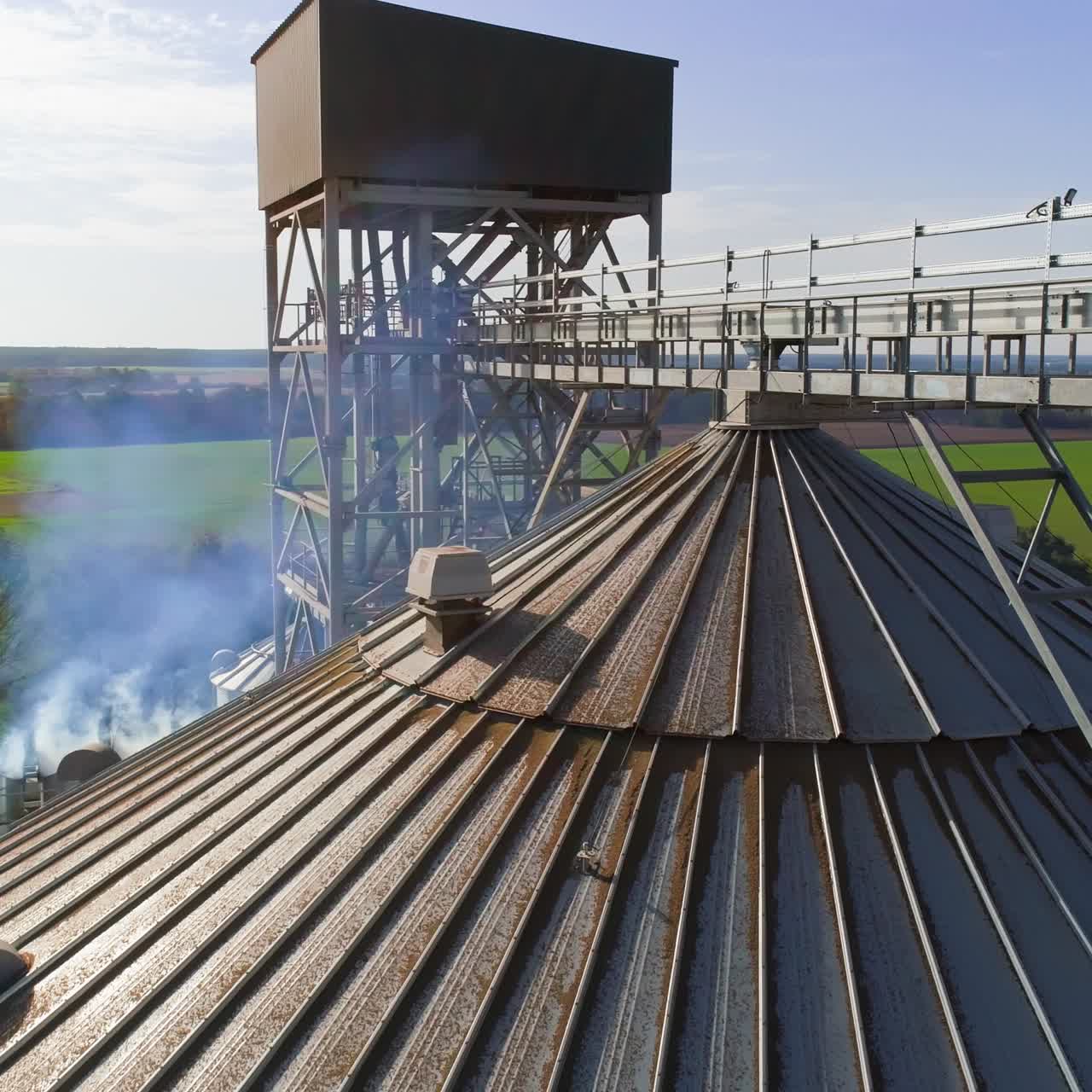Grain warehouse, granary. Large steel towers for storing crops. Large animal feed factory. Aerial view