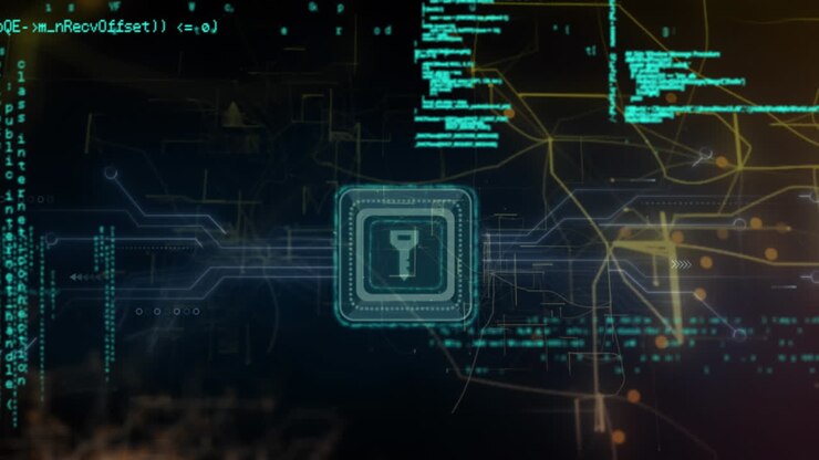 Animation of data processing over cyber security padlock