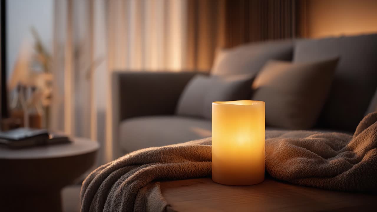 Lueur douce de bougies : une scène de salon douillet capturant la chaleur et la sérénité d’une ambiance de soirée avec des textiles moelleux et un éclairage doux.