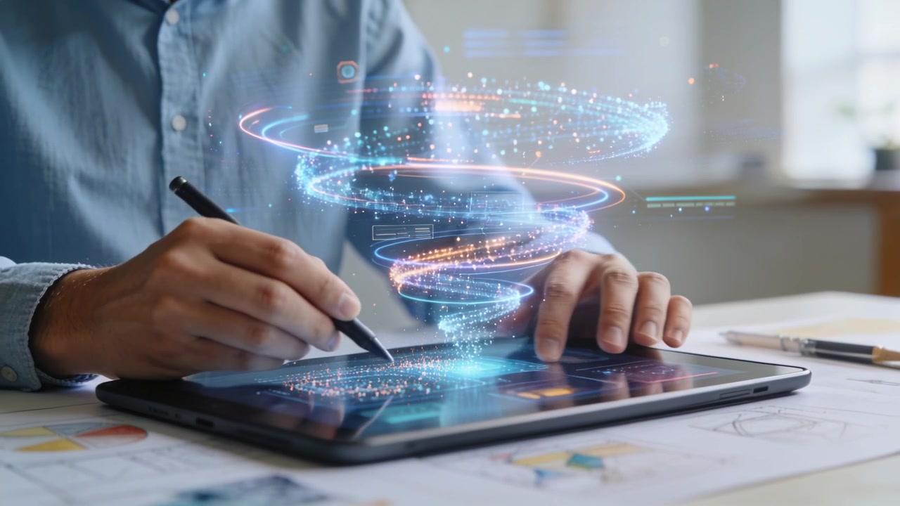 Tapping stylus, designer in blue shirt summoning 3D spiral above tablet at desk, visualizing data
