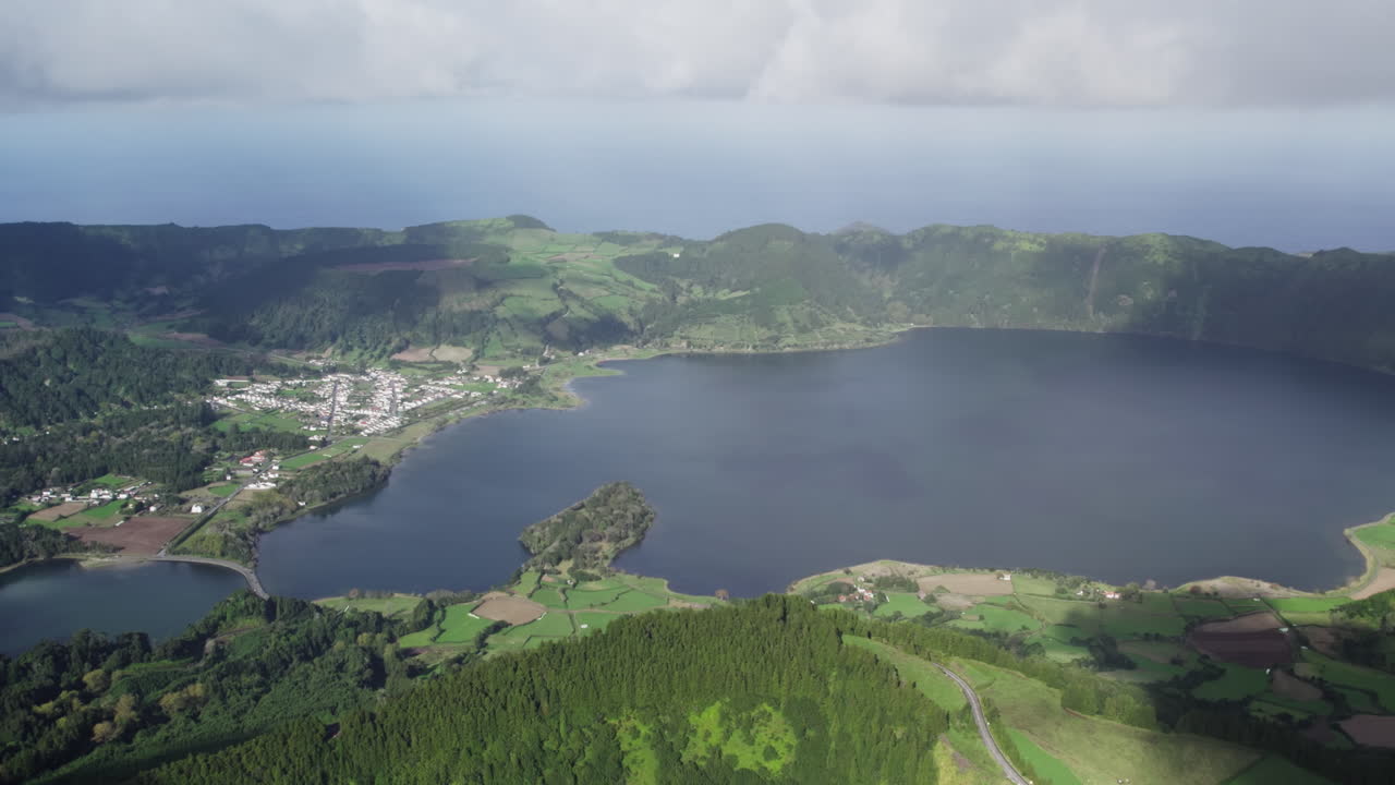 Aerial panoramic:Lagoa das Sete Cidades with surrounding greenery, S&atilde;o Miguel, Azores