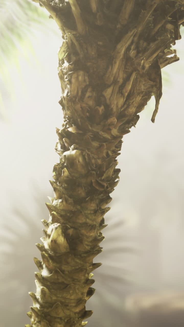 Palm tree stands tall amidst misty tropical landscape in early morning light