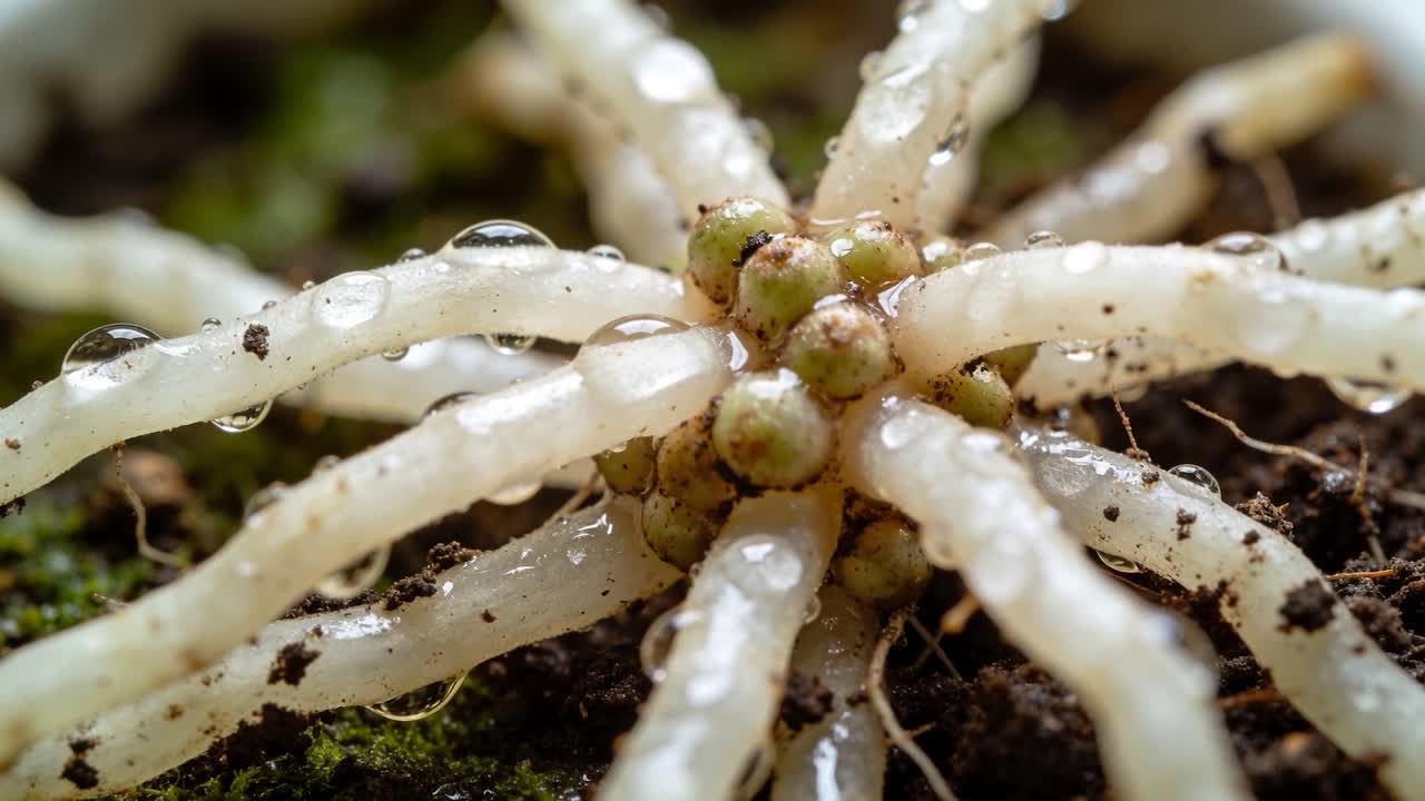 Telecamera che inquadra rivelando un grappolo di radici radiali a livello del terreno, mostrando noduli, goccioline, terreno.