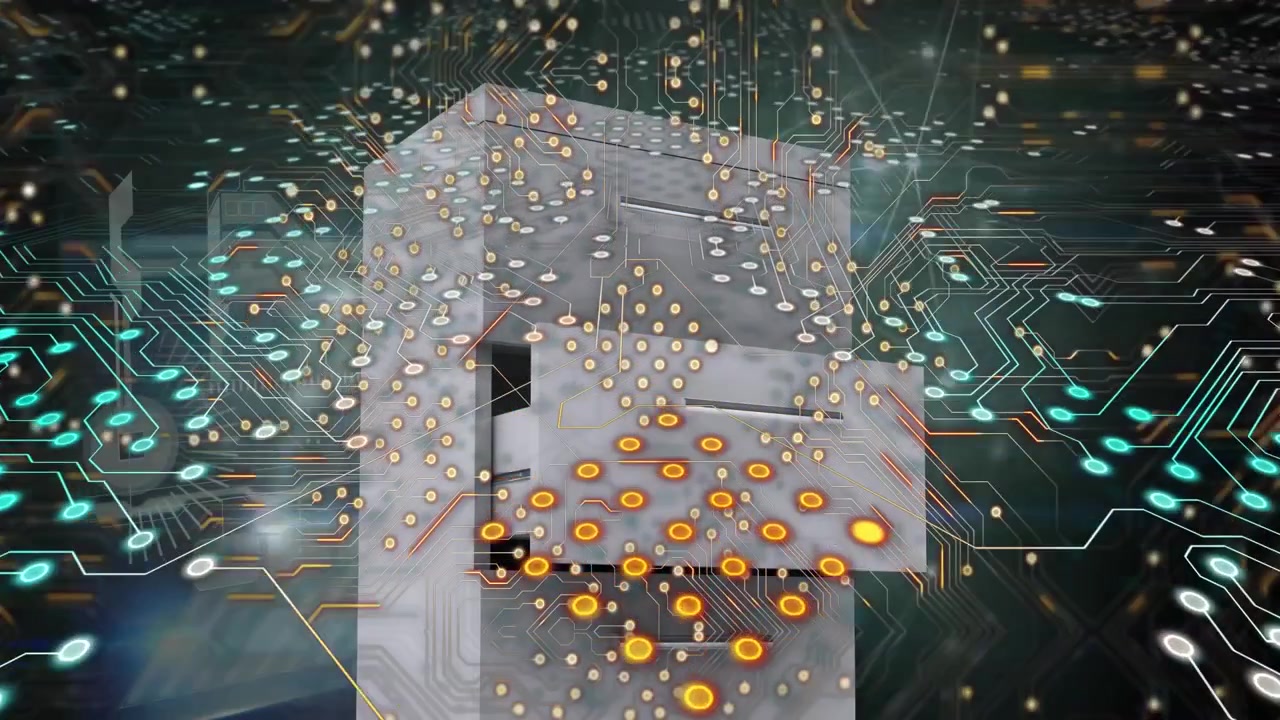 Animazione di una scheda madre di computer su una rete di connessioni e un armadietto su sfondo nero