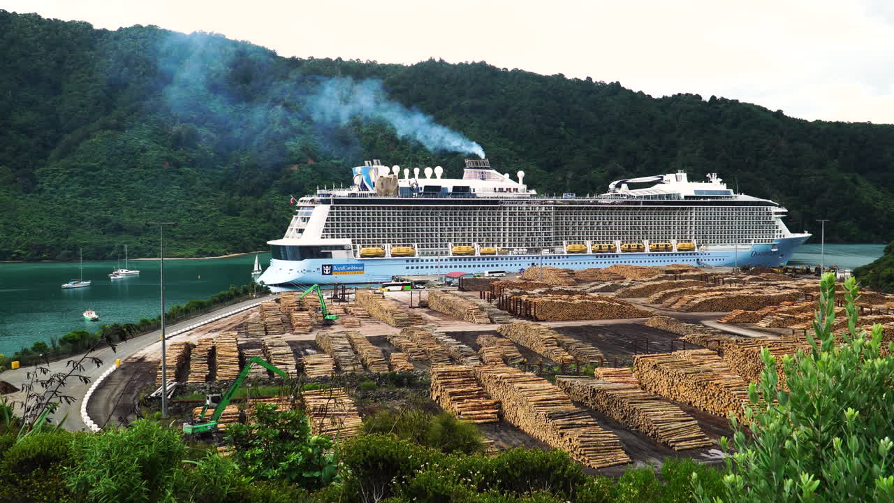 vista estática del crucero atracado y gran carga de madera en el muelle