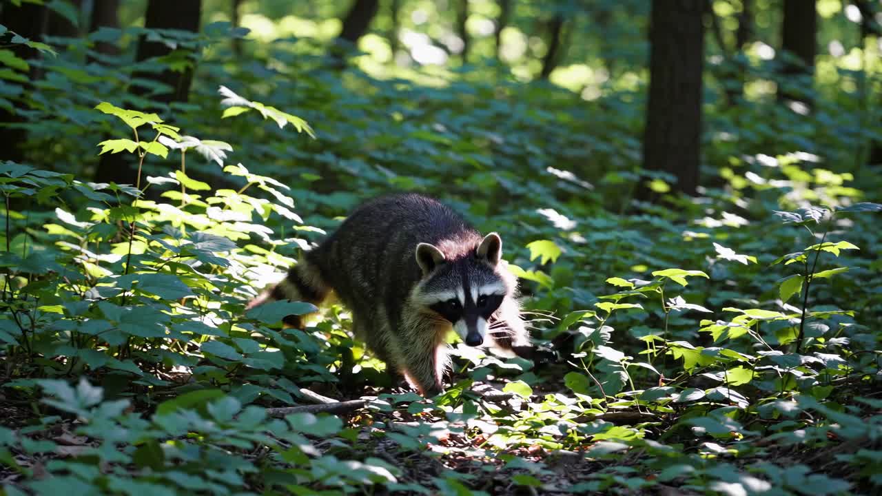A raccoon stands by a tree in a forest, captured in a natural, candid style