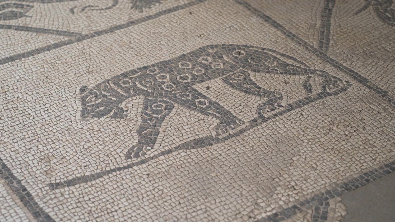 Leopard-shaped tesserae pattern strides across an ancient Roman mosaic panel, detailed in black on pale stone.