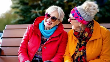 two older women sitting on a bench laughing together