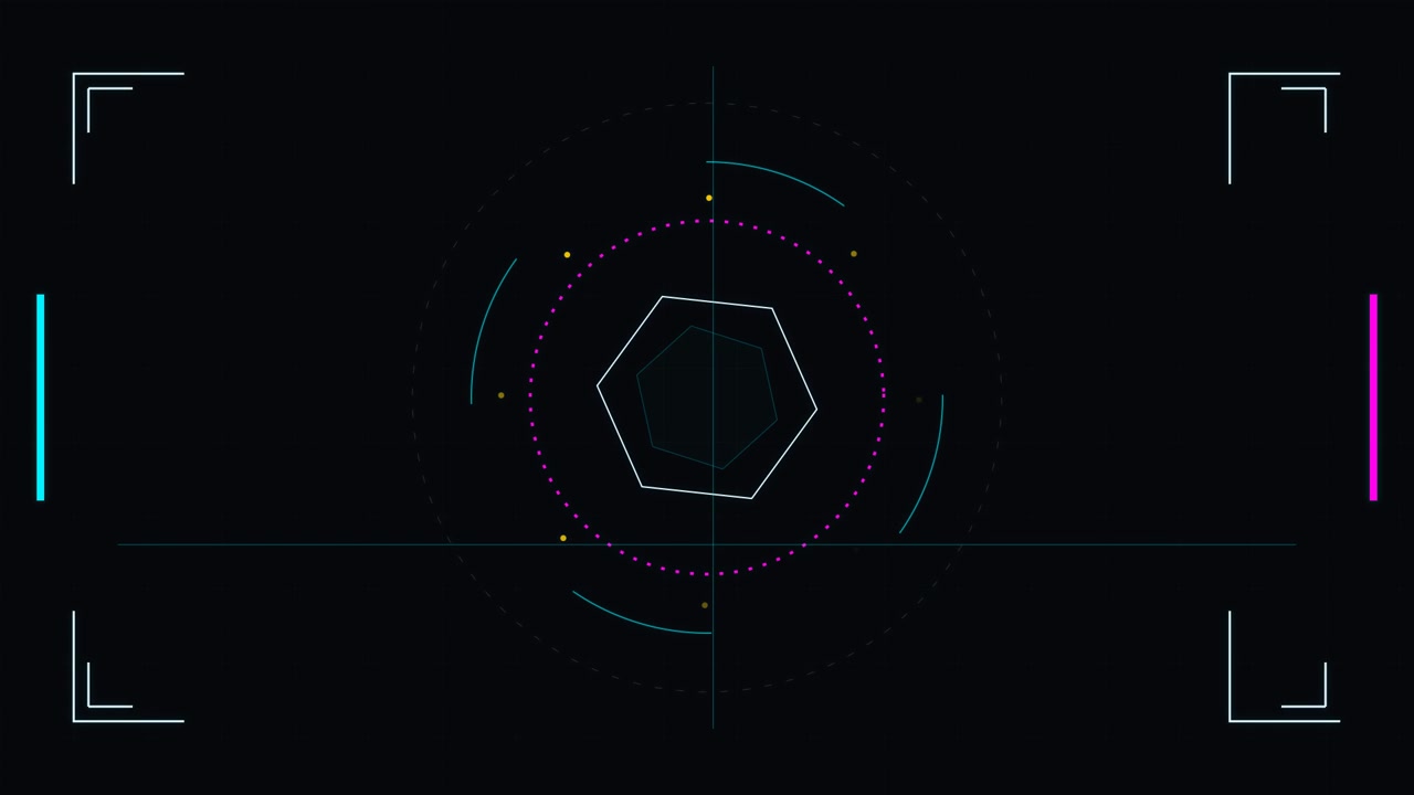 Futuristic Digital HUD Interface with Rotating Hexagon Graphic