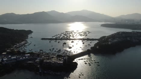 香港海灣的日落 獨特風景,小船碼頭,空中景色