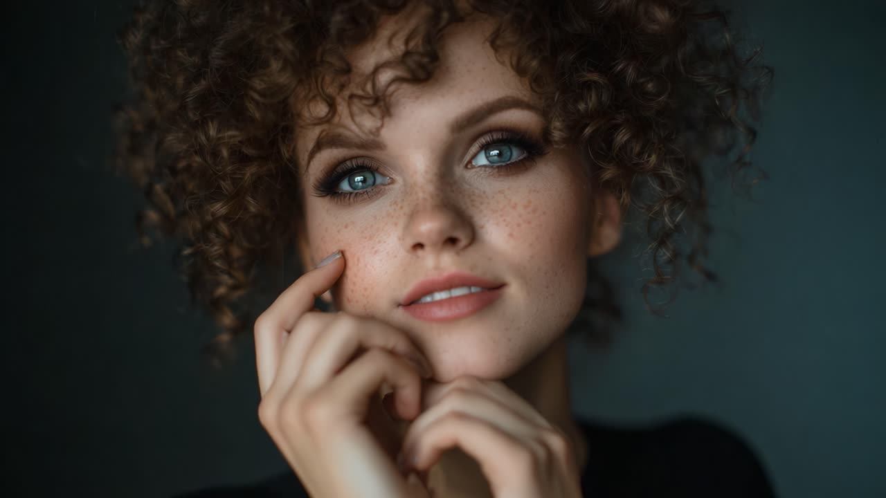 Captivating Portrait of a Young Woman with Beautiful Curly Hair and Freckles, Exuding Confidence and Charm, Set Against a Subtle Background