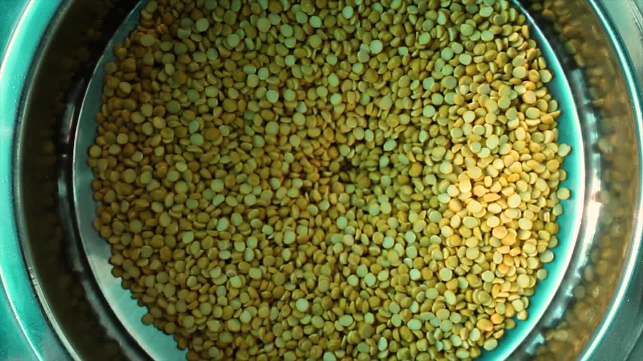 Macro shot of Bengal gram rotating inside a stainless flour mill, Ideal for food, farming and industrial use. 4K slow-motion footage perfect for commercials and educational videos.