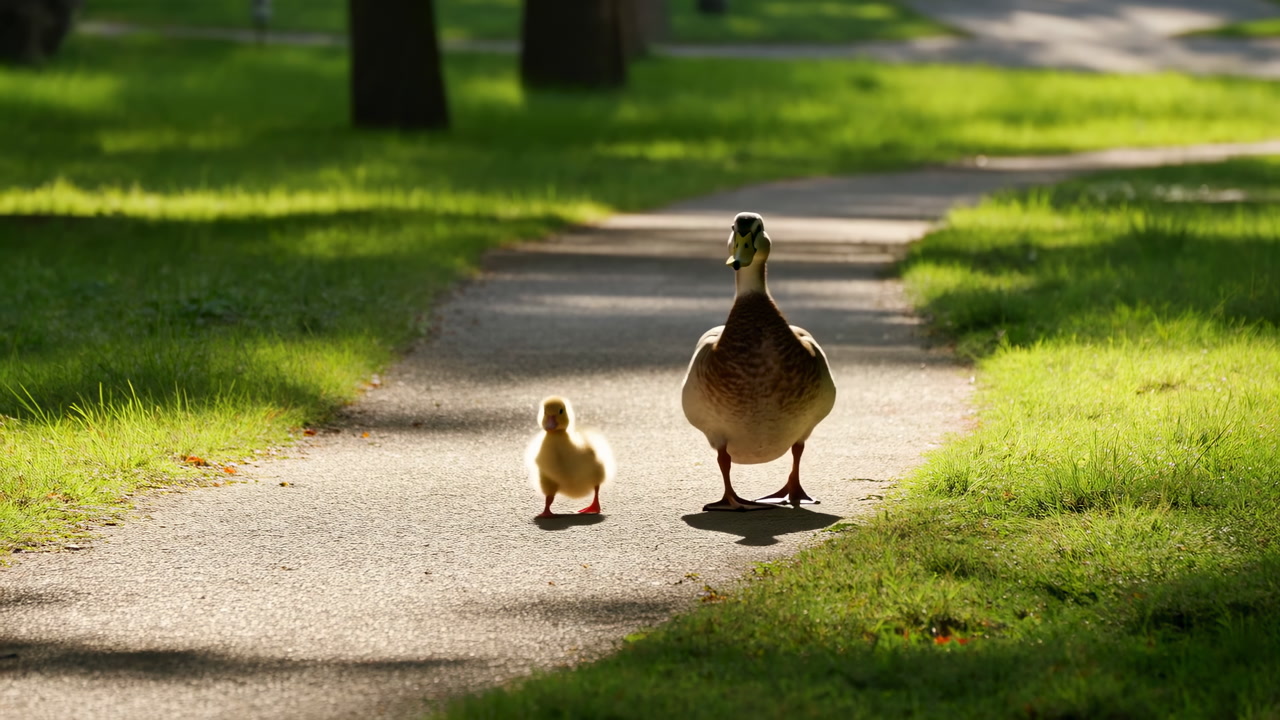 Duck And Duckling Walking On Path, Soft Morning Sunlit Glow, Long Tree Shadows On Pavement, Green Grass