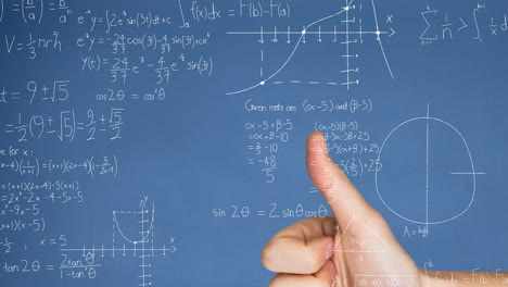 animación de ecuaciones matemáticas flotando contra el primer plano de una mano que muestra los pulgares hacia arriba