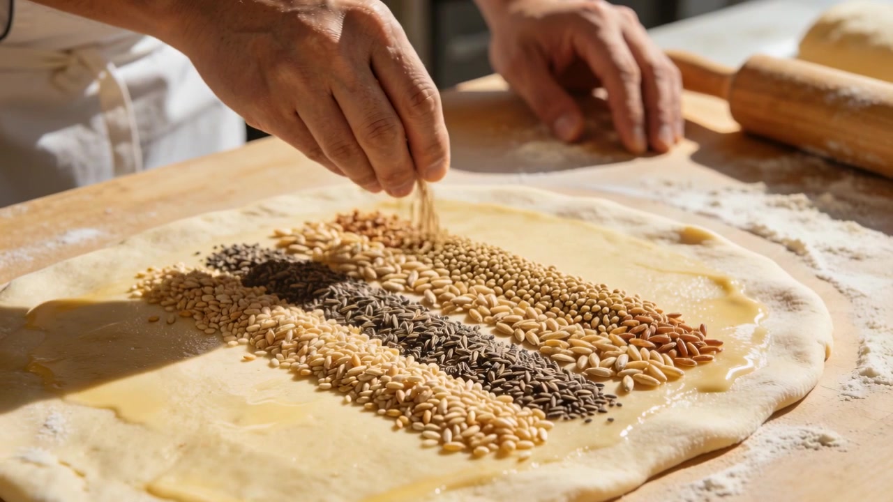 Notando spazi nelle file di semi, un fornaio in giacca bianca sparge semi per riempire le strisce sull'impasto.