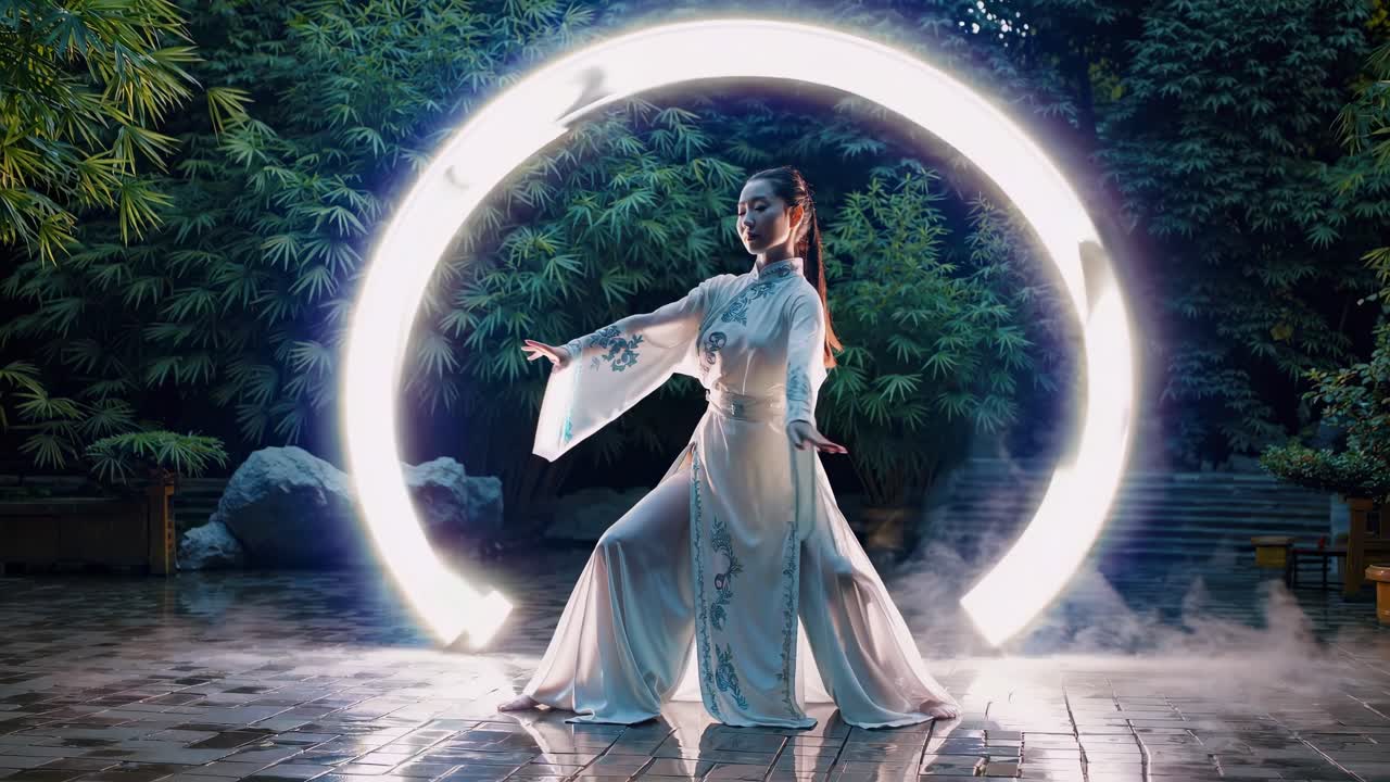 A woman in traditional attire performs a graceful dance surrounded by mist in a lush garden