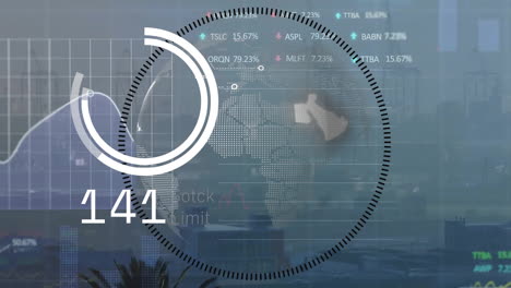 Animation of data processing and globe over stock market and cityscape