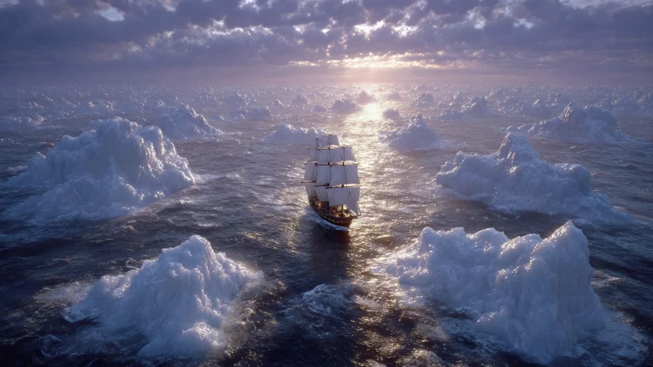 A Majestic Sailing Ship Navigates Through Dramatic Icebergs Under a Twilight Sky, Capturing the Essence of Marine Adventure and Nature's Grandeur