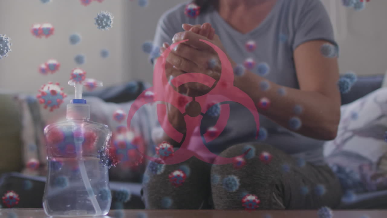 анимация клеток covid-19 над человеком, мыющим руки