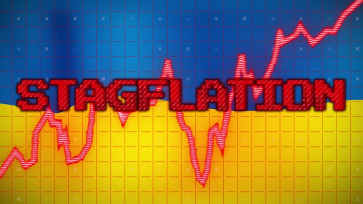 Animation of data processing and stagflation text over flag of ukraine