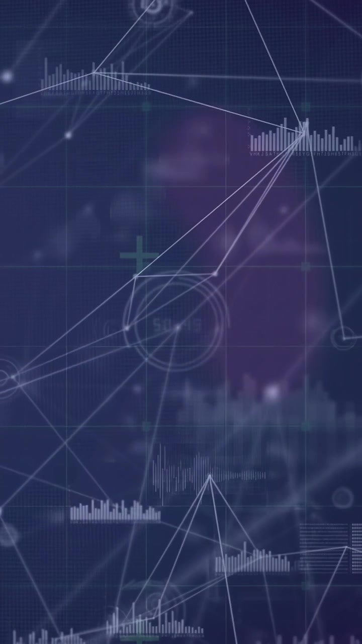 Vertical video: Data ping moving node net upward linking nodes HUD rings pulsing showing live data