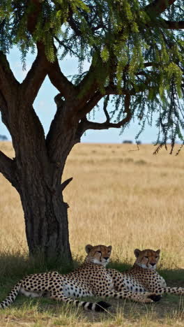 two cheetahs resting under a tree in the african savanna