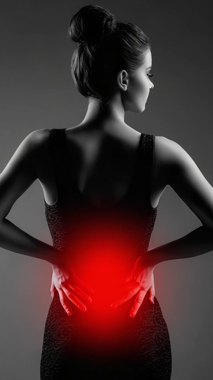 A Thoughtful Woman Struggling with Lower Back Pain Illuminated by a Red Glow, Capturing the Essence of Discomfort and Resilience in a Dramatic Black-and-White Setting