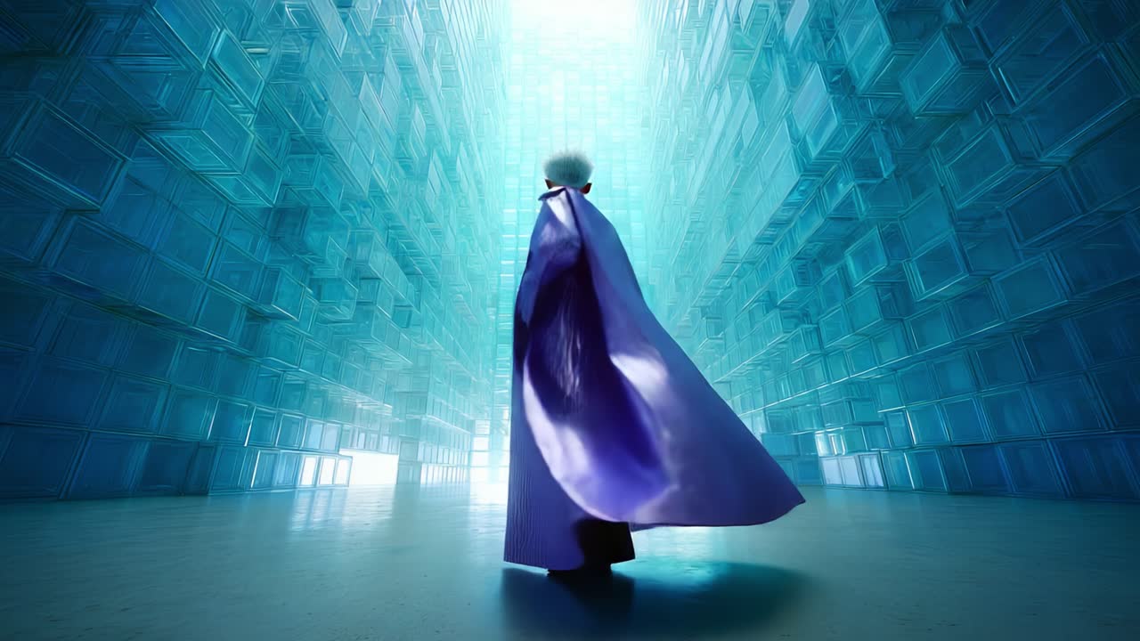 A solitary figure adorned in a flowing purple robe stands amidst an ethereal corridor, surrounded by translucent blue cubes, capturing a surreal moment that blurs reality and imagination