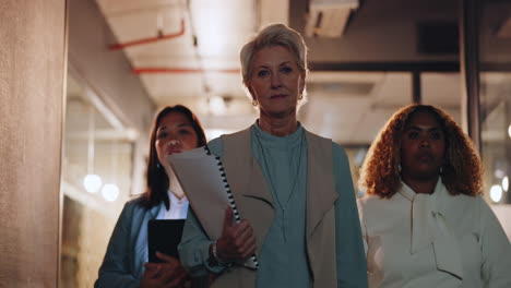 documents, manager and employees walking in office